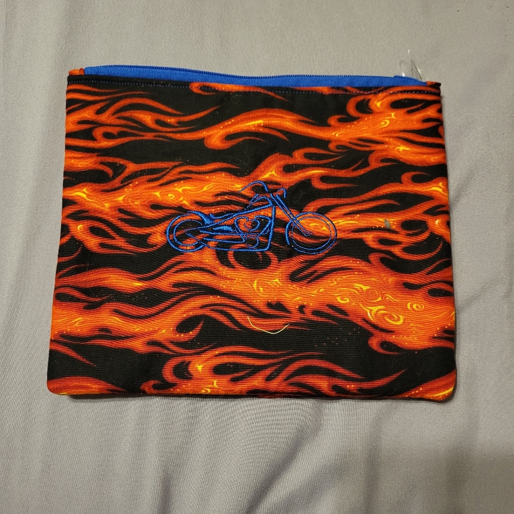 Handmake Fabric Flame Pattern Pouch with Blue Motorcycle Design
